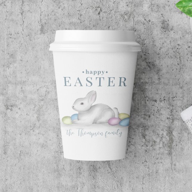 Simple Pastel Happy Easter Bunny Typography Paper Cups (Easter watercolor cottontail bunny with easter eggs disposable paper cup.)