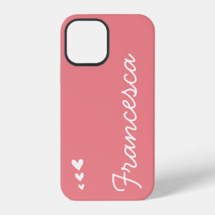 Simple Pastel Pink and White Hearts Custom Name iPhone 12 Case