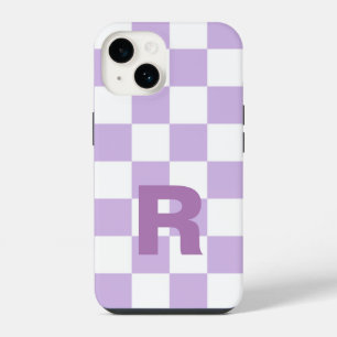 Simple Pastel Purple Lilac Chequered Monogram iPhone 14 Case