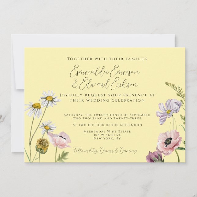 Simple Pastel Yellow  Wild Flower Garden Wedding  Invitation (Front)