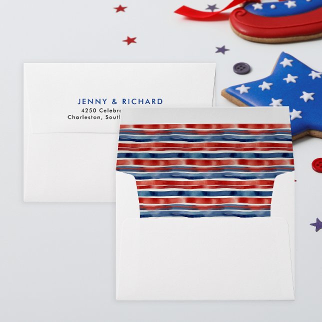 Simple Patriotic Red White Blue Stripes Watercolor Envelope (Creator Uploaded)