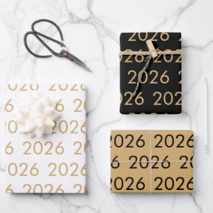Simple Pattern 2025 Any Year Gold White Black Wrapping Paper Sheet