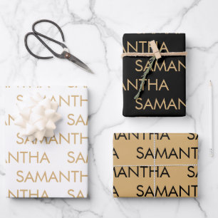 Simple Pattern Name Gold White Black Wrapping Paper Sheet