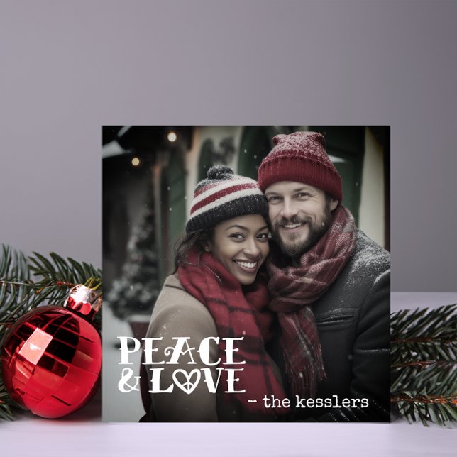 Simple Peace & Love Handwritten Photo Holiday Card (Creator Uploaded)