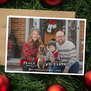 Simple Peace On Earth Family Dog Photo Christmas Holiday Card