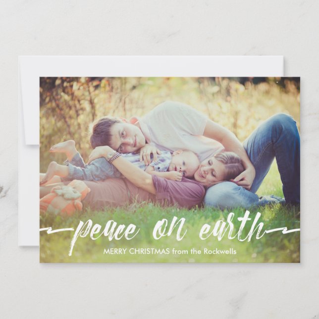 Simple Peace On Earth Painted Typography Photo Holiday Card (Front)