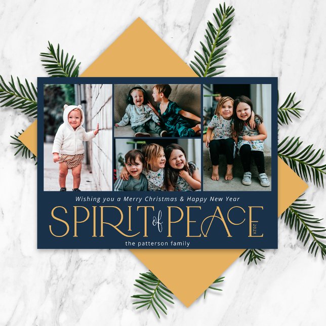 Simple Peace Photo Gold Navy Holiday Card (Creator Uploaded)