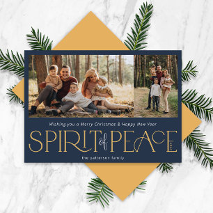 Simple Peace Photo Navy Gold Holiday Card