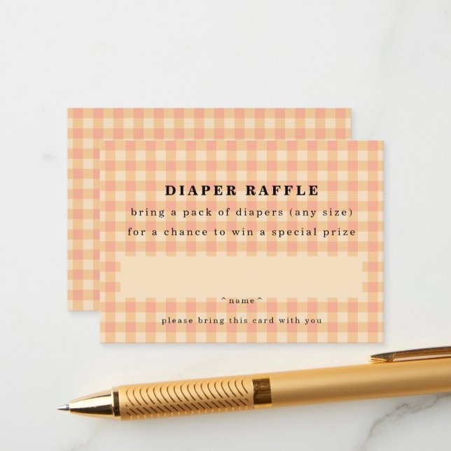 Simple Peach Gingham Diaper Raffle Enclosure Card (Front/Back In Situ)