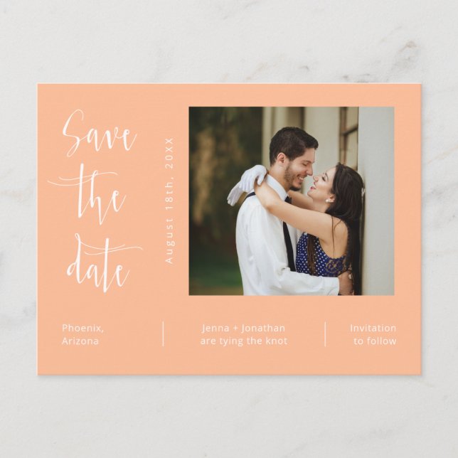 Simple Peach Photo QR Code Save The Date Postcard (Front)