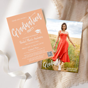 Simple Peach QR Code Photo Graduation Partydfdaf Invitation