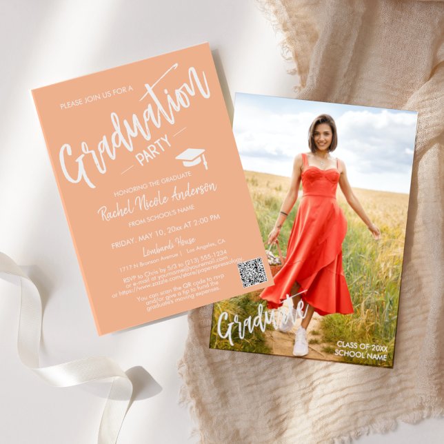 Simple Peach QR Code Photo Graduation Partydfdaf Invitation (Creator Uploaded)