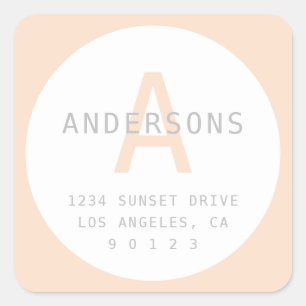 Simple Peach White & Grey Monogram & Address Square Sticker