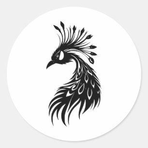 Simple Peacock Elegance in Black and White Classic Round Sticker
