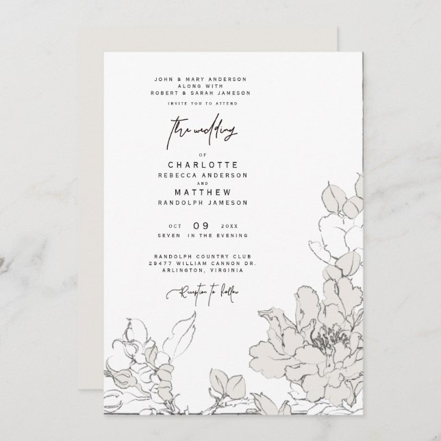 Simple Pencil-Drawn Floral Wedding Invitation (Front/Back)