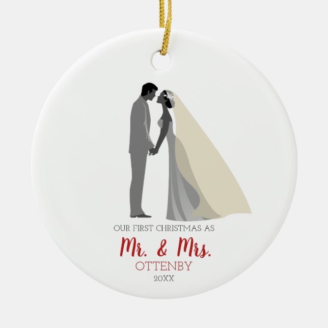 Simple Personalised First Christmas as Mr & Mrs Ceramic Ornament (Front)