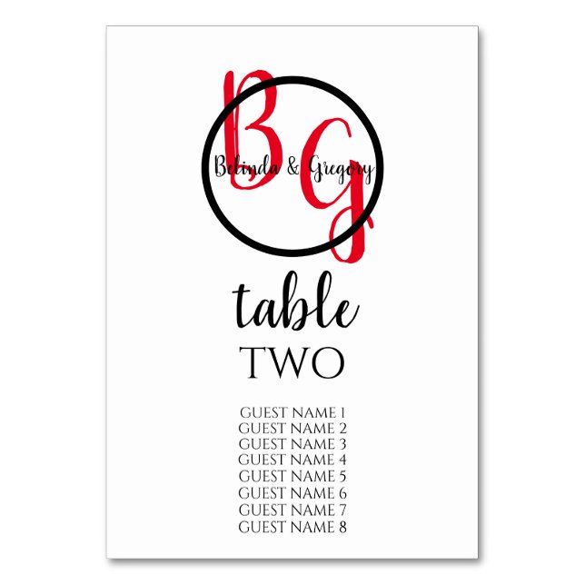Simple Personalised Initials Wedding Guest Names Table Number (Front)