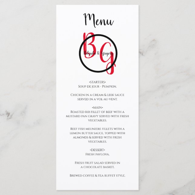 Simple Personalised Initials Wedding  Menu (Front)