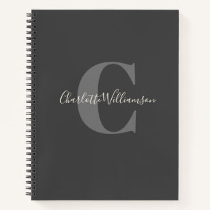 Simple Personalised Monogram and Name Black Grey Notebook