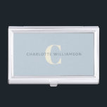 Simple Personalised Monogram and Name in Blue Business Card Holder<br><div class="desc">Simple Personalised Monogram and Name in Dusty Blue Business Card Case</div>
