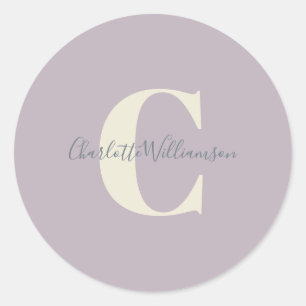 Simple Personalised Monogram and Name in Lilac  Classic Round Sticker