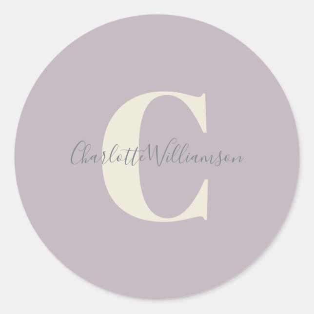 Simple Personalised Monogram and Name in Lilac  Classic Round Sticker (Front)