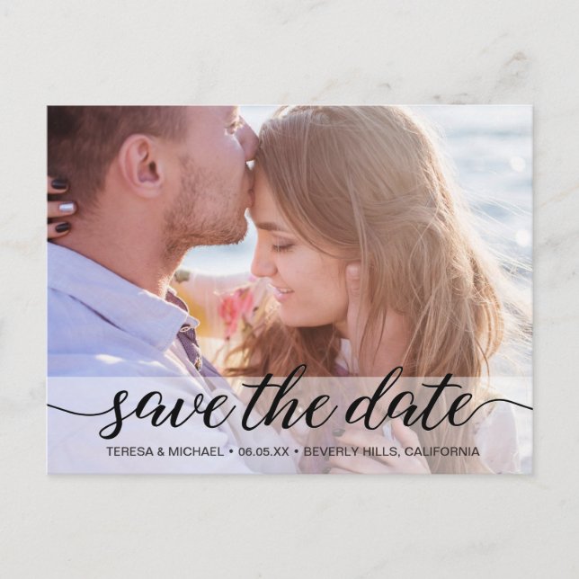 Simple Personalised Save the Date script Photo Postcard (Front)