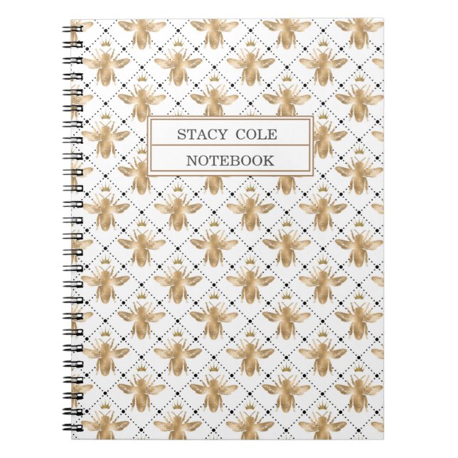 Simple Personalised White & Brown Honeycomb Bee Notebook (Front)