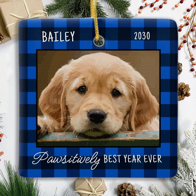 Simple Pet Dog Photo Blue Buffalo Plaid Christmas Ceramic Ornament (Creator Uploaded)