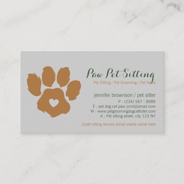 Simple Pet Sitter Groomer Social Media Dog Cat Paw Business Card (Front)