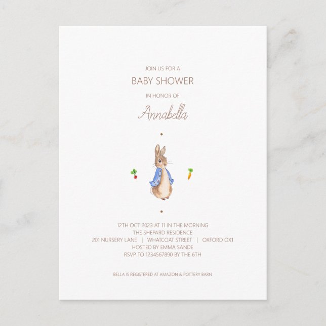 Simple Peter the Rabbit Baby Shower Budget Invite Postcard (Front)