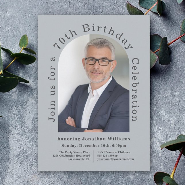 Simple Photo Arch 70th Birthday Party Invitation (This stylish birthday invitation can be ordered as printed invites or digital download!)