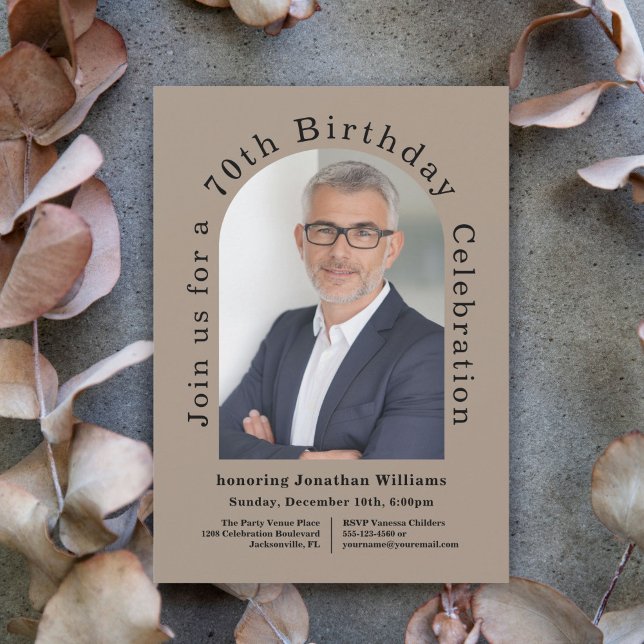 Simple Photo Arch 70th Birthday Party Invitation (Celebrate 70 in style with this attractive arch photo birthday invite available in print or digital!)
