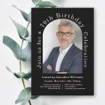 Simple Photo Arch Black 70th Birthday Party Invitation<br><div class="desc">As unique as the individual being celebrated, this modern 70th birthday party invitation features a wonderful arch shaped photo template to personalise with your honoree's photo. A background in classic black adds modern appeal to the design. The custom text template with text that runs along the outer edge of the...</div>