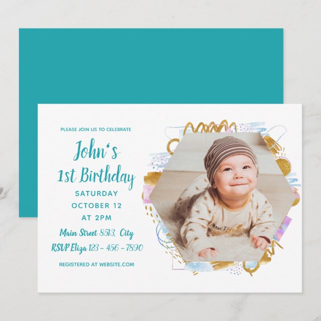 Simple Photo Baby First Birthday Colourful Invitation (Front/Back)