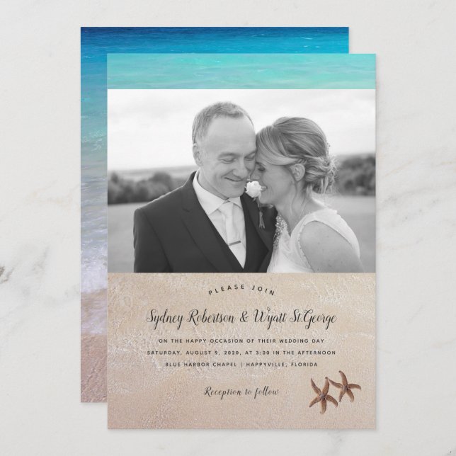 Simple Photo Beach Wedding Starfish Invitation (Front/Back)