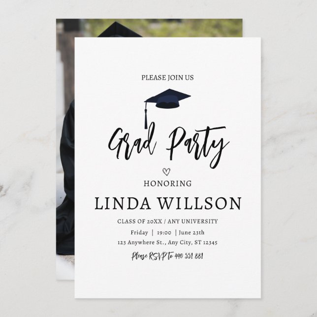 Simple Photo Black and white Graduation Party  Invitation (Front/Back)