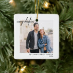 Simple Photo Black Merry Christmas White Ceramic Ornament<br><div class="desc">Wish your friends and family Merry Christmas this holiday season with this photo Christmas card that features a pine tree pattern on the back.</div>