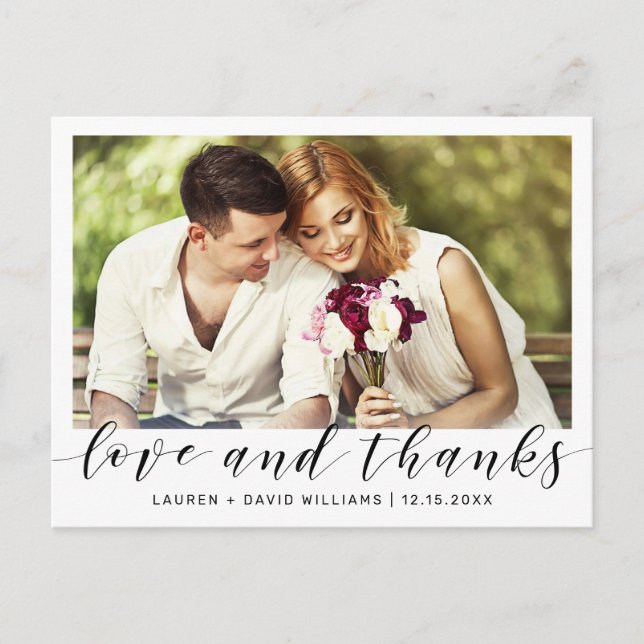 Simple Photo Black Script White Wedding Thank You Postcard (Front)