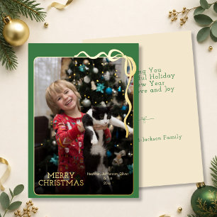 Simple Photo Bow Merry Christmas Green & Gold Foil Holiday Card