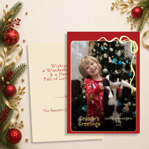 Simple Photo Bow Season's Greetings Red & Gold Foil Holiday Card