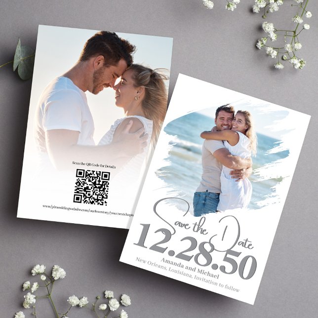 Simple Photo Brush Strokes Save the Date Wedding  (Wedding save the date photo cards.)