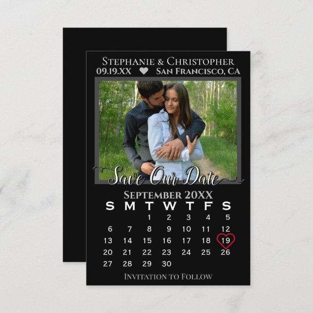 Simple Photo Calendar Black Wedding Save Our Date Card (Front/Back)
