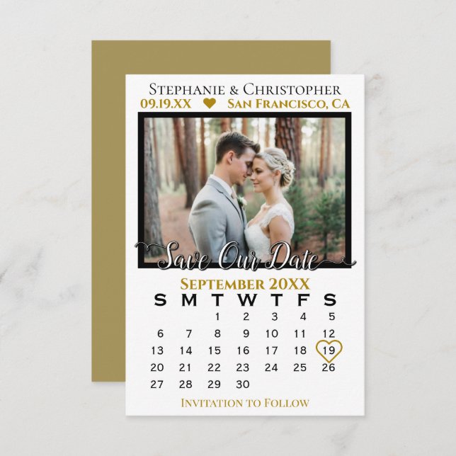 Simple Photo Calendar Gold Wedding Save Our Date Card (Front/Back)