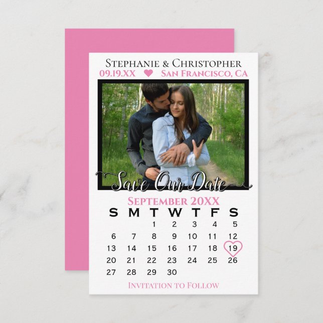 Simple Photo Calendar Pink Wedding Save Our Date Card (Front/Back)