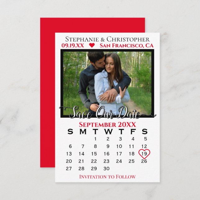 Simple Photo Calendar Red Wedding Save Our Date Card (Front/Back)