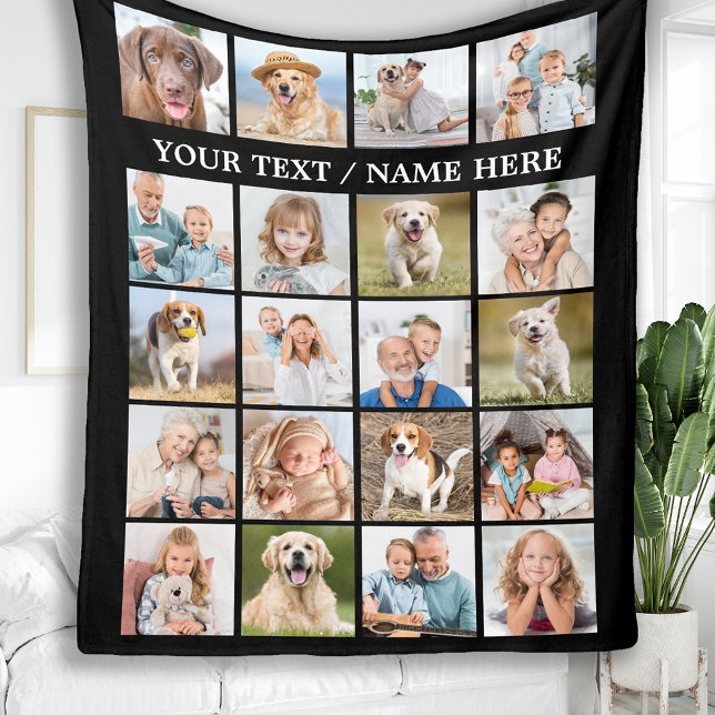 Simple Photo Collage 20 Picture Personalised Black Fleece Blanket (Creator Uploaded)