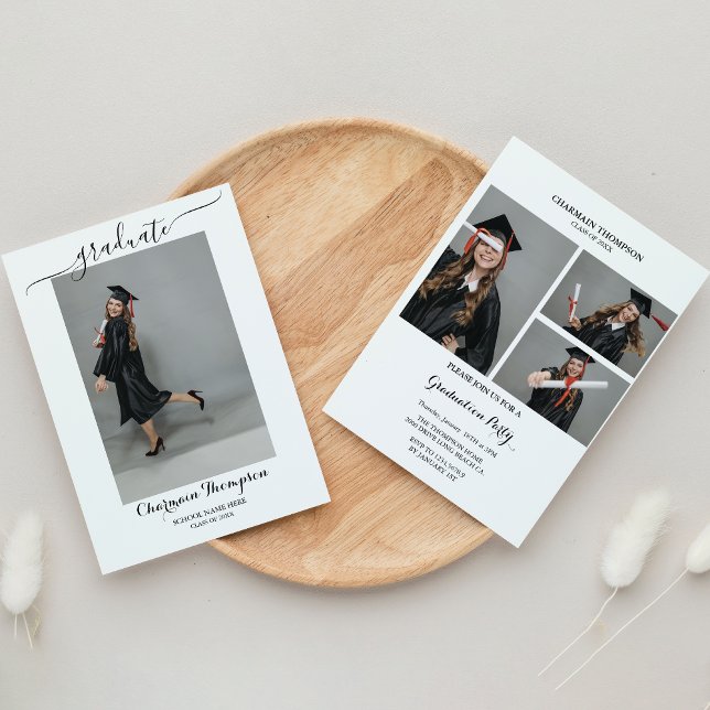 Simple Photo Collage Black and White Graduation  Invitation (Creator Uploaded)