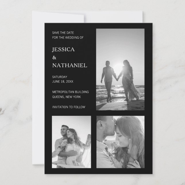 Simple Photo Collage Black Modern Wedding Save The Date (Front)