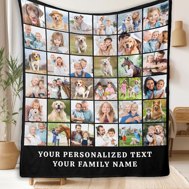 Simple Photo Collage Black Personalised 36 Picture Fleece Blanket (Creator Uploaded)
